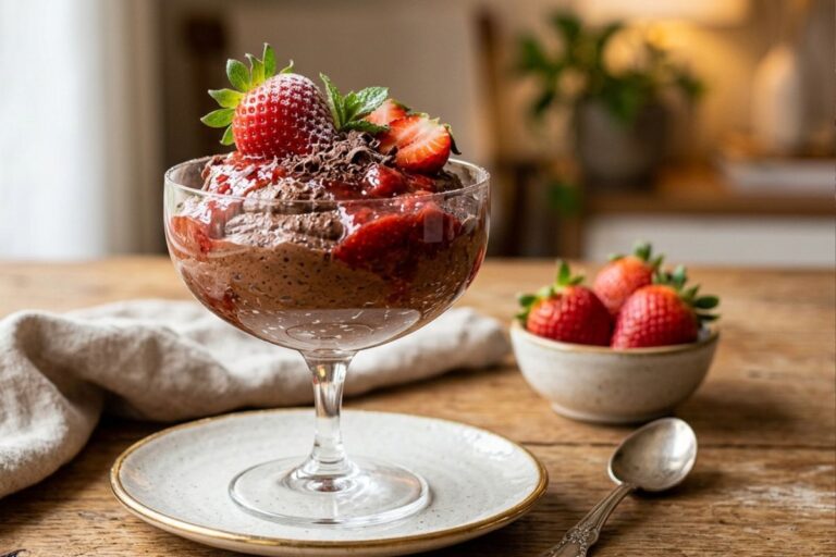 Mousse fit de chocolate com calda de morango.