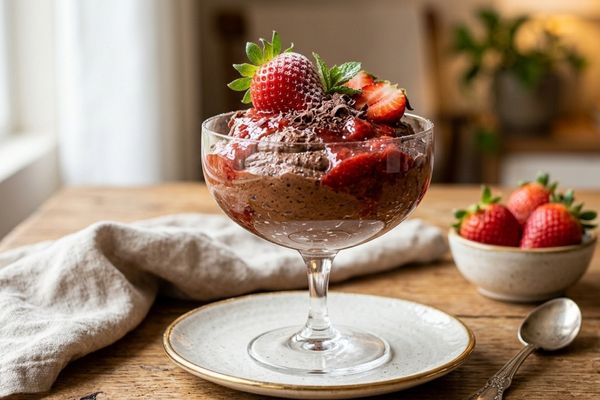 Mousse fit de chocolate com calda de morango fácil.