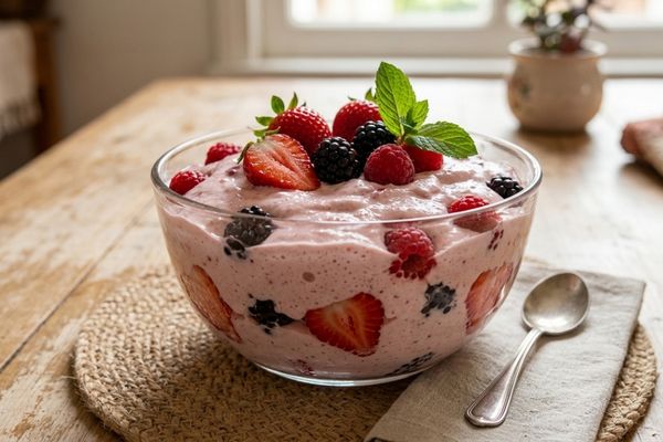 Sobremesa de frutas com gelatina cremosa, refrescante e sem adição de açúcar 2 Sobremesa de frutas com gelatina.