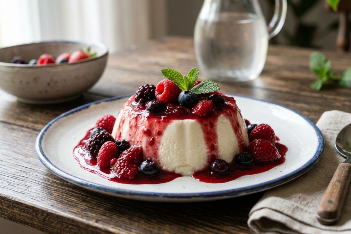 Manjar de coco com calda de frutas vermelhas: cremoso e fácil 1 Manjar de coco com calda de frutas vermelhas.