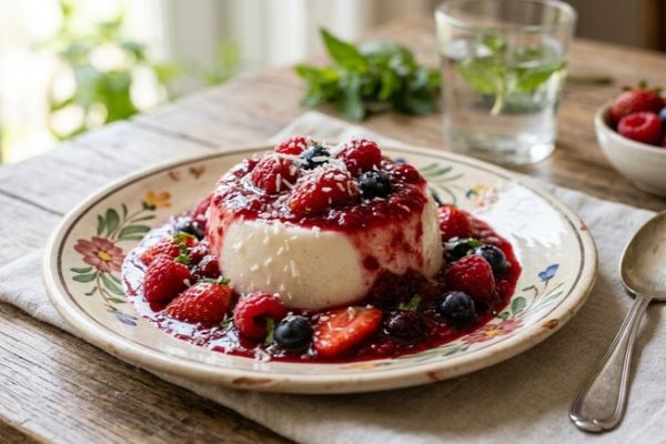 Manjar de coco com calda de frutas vermelhas: cremoso e fácil 2 Manjar de coco com calda de frutas vermelhas.
