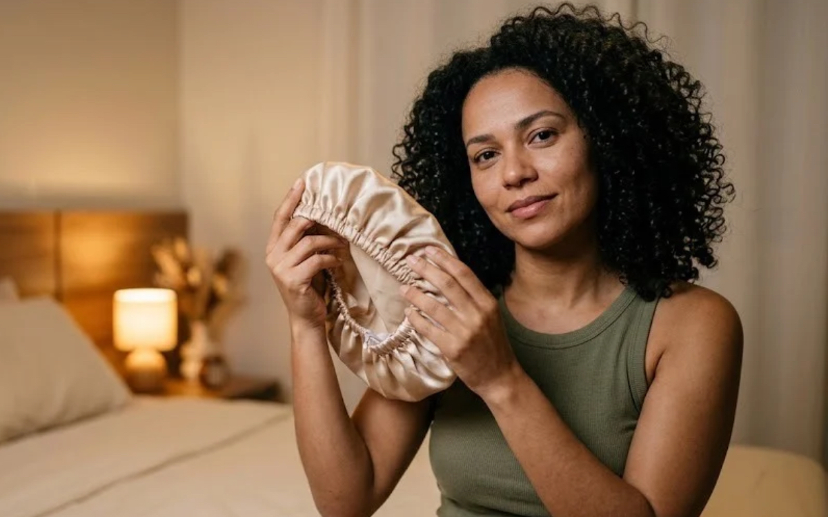Você acorda com frizz e cachos amassados? Veja para que serve a touca de cetim e como usar em cabelos lisos, cacheados e crespos 1 Para que serve a touca de cetim