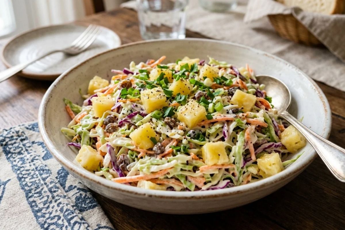 Salada cremosa de repolho com abacaxi: leve, crocante e deliciosa 1 Salada cremosa de repolho com abacaxi.