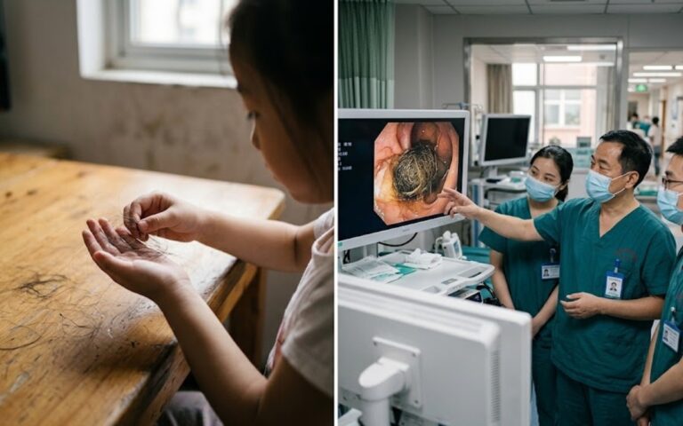 Menina chinesa desenvolveu um tricobezoar, massa de cabelo acumulada no estômago após ingerir fios repetidamente desde os 2 anos.