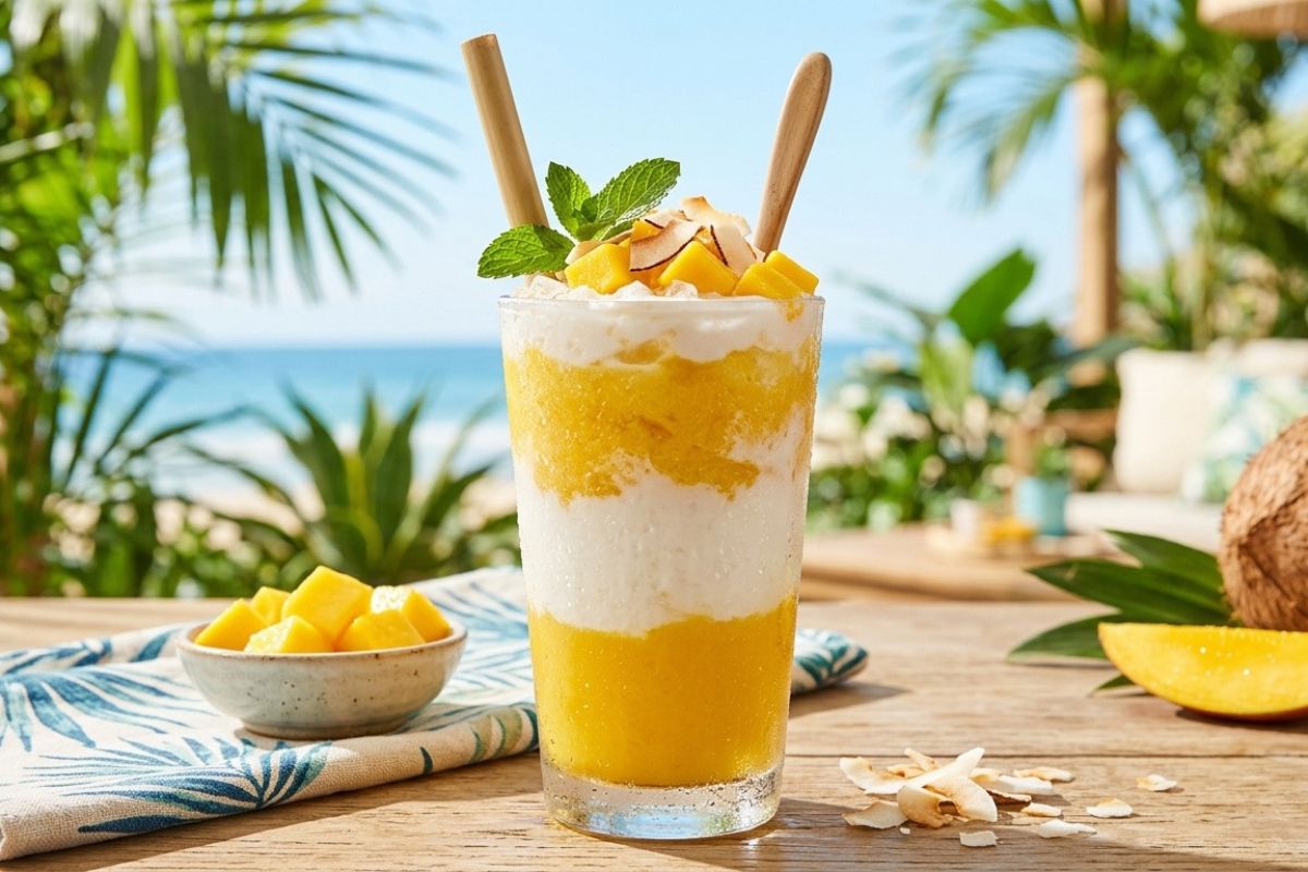 Frapê de manga com coco: bebida cremosa e refrescante em 5 minutos 1 frapê de manga com coco.