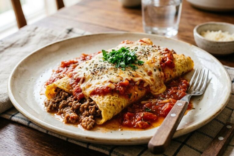 panqueca de carne moída com molho de tomate.