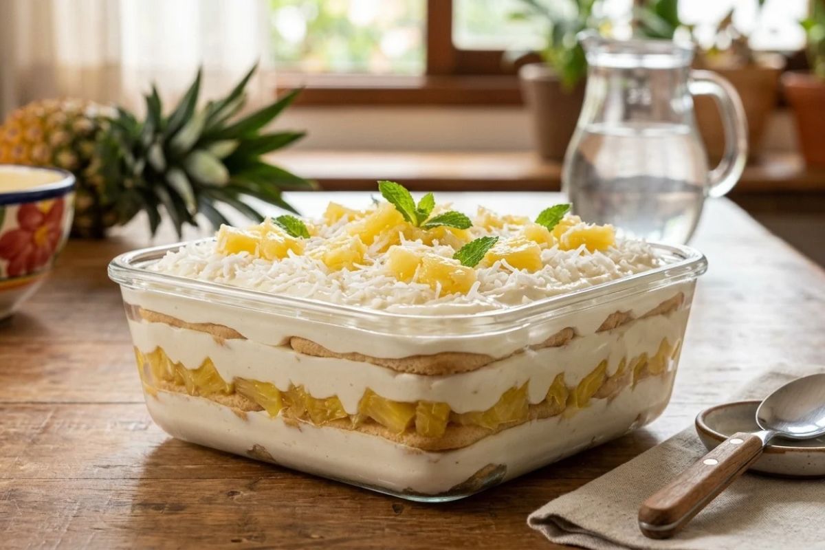Pavê de bolacha maizena de abacaxi com coco: o segredo para ficar cremoso sem soltar água 1 pavê de bolacha maizena de abacaxi com coco.