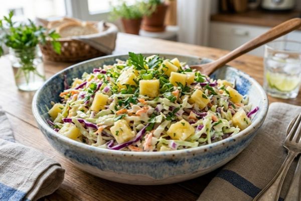 Salada cremosa de repolho com abacaxi: leve, crocante e deliciosa 2 Salada cremosa de repolho com abacaxi.