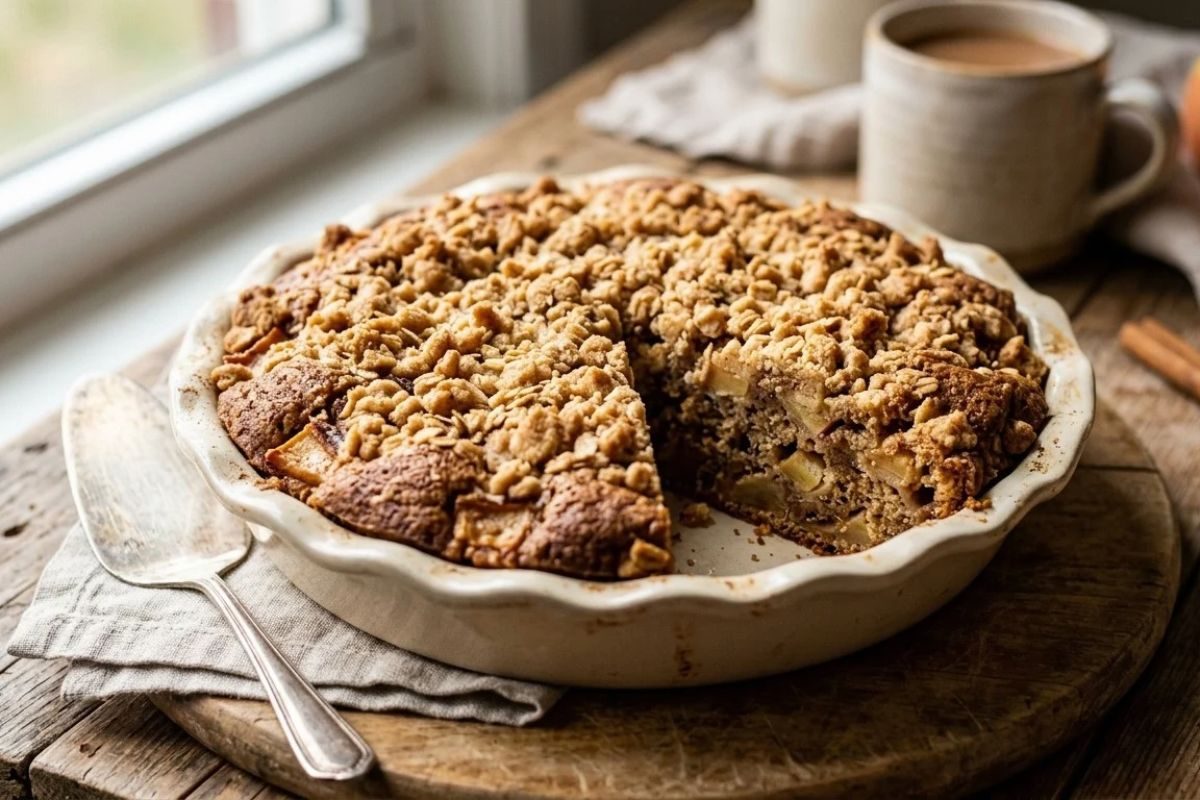 Bolo de maçã com canela e crumble crocante.