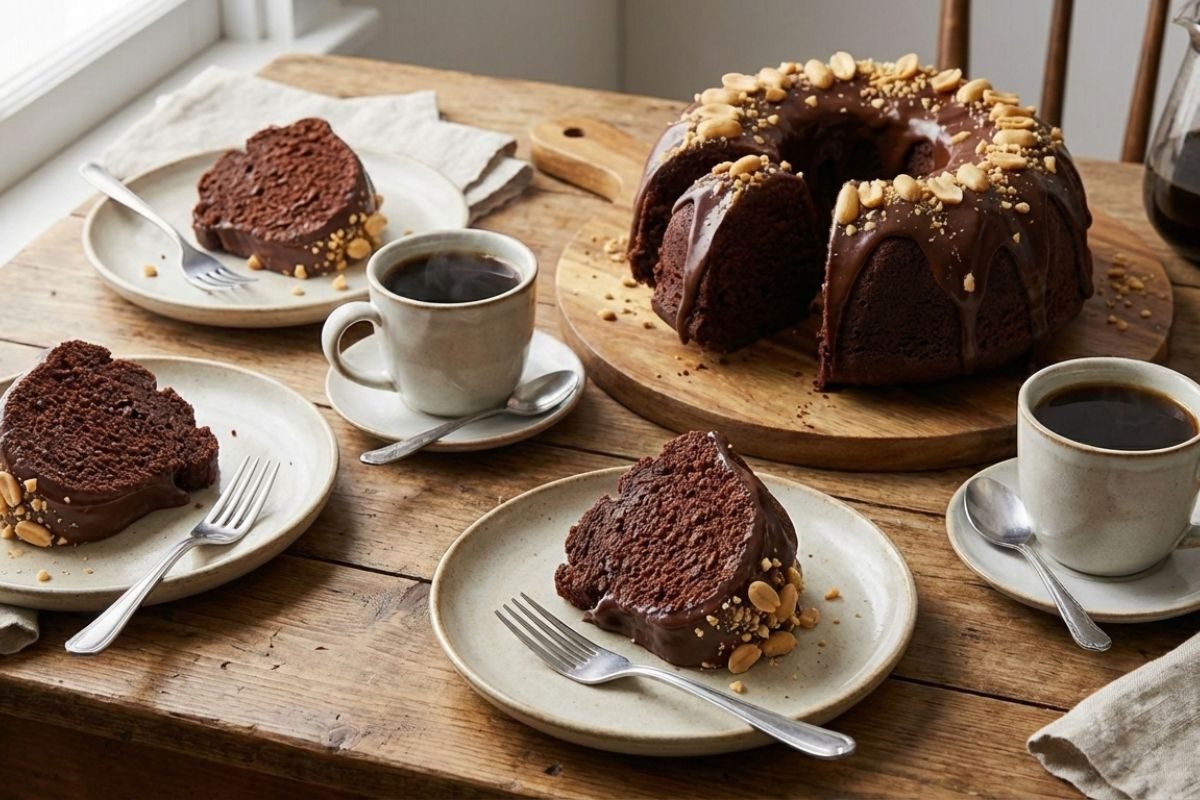Bolo fofinho de chocolate com amendoim.