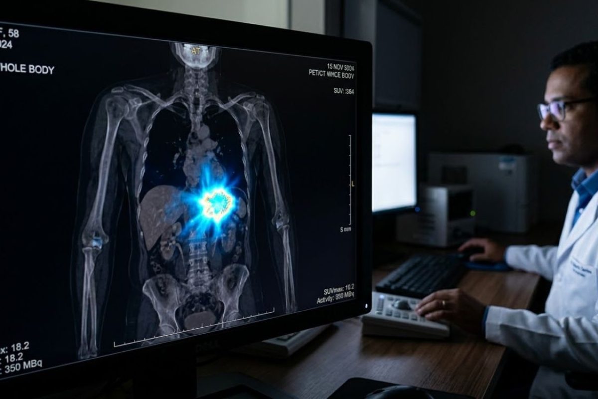 Diagnóstico de câncer com PET scan - Imagem ilustrativa (simulação de exame PET scan) - SaúdeLab