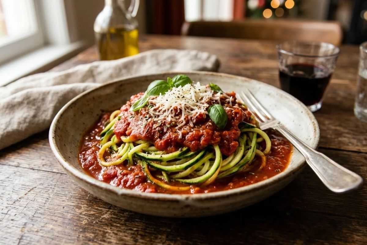 Macarrão de abobrinha ao molho sugo.