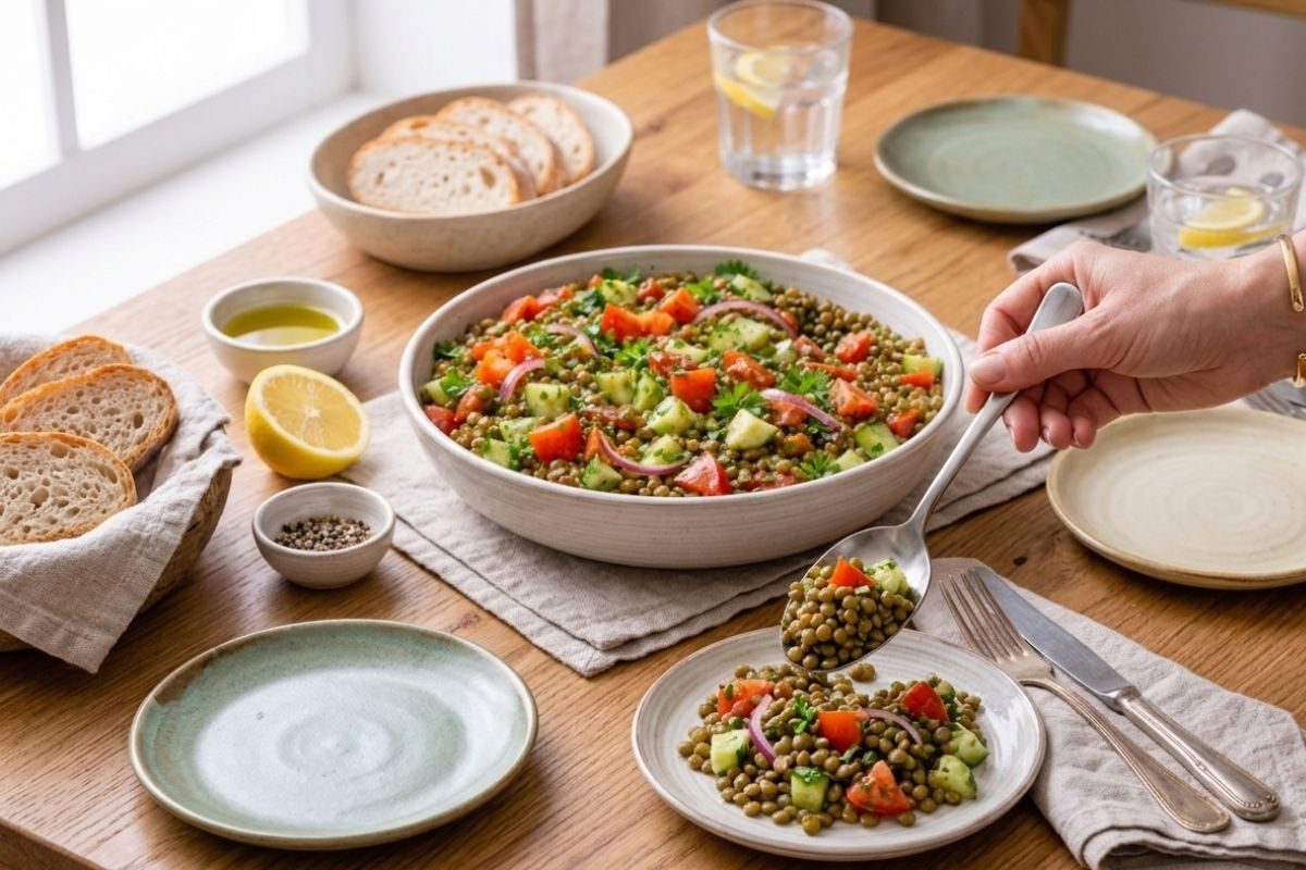 Salada nutritiva rica em ferro com lentilha e vegetais.