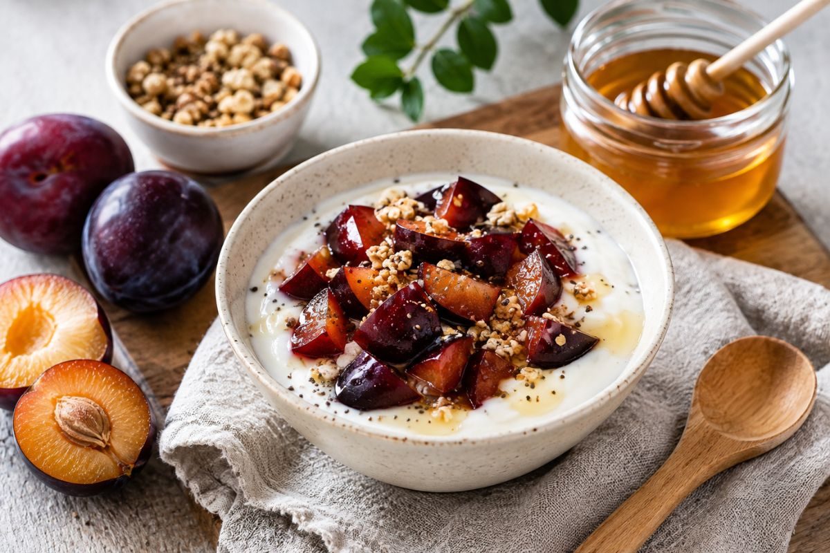 Sobremesa de ameixa com iogurte natural.