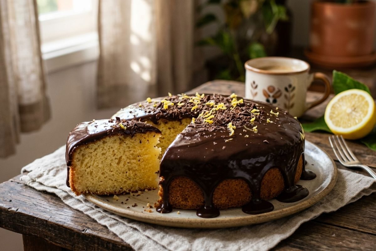 bolo de limão com cobertura de chocolate.