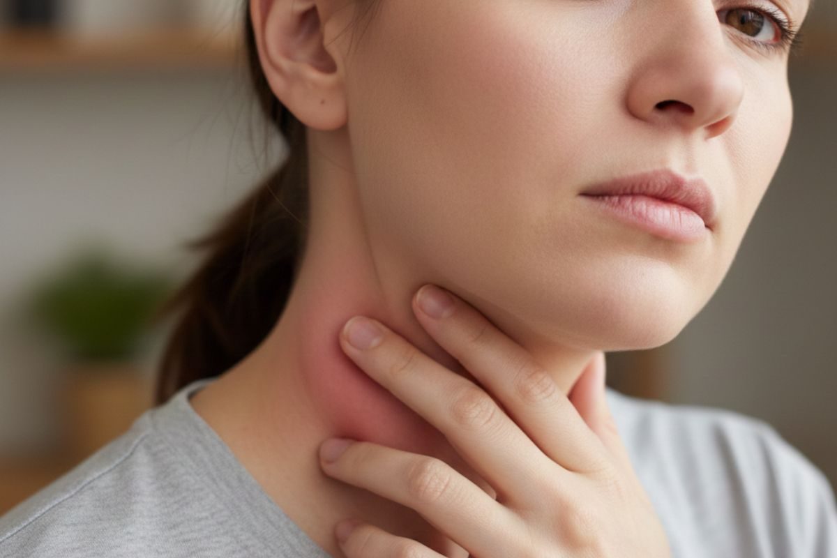 caroço no pescoço que dói quando aperta.