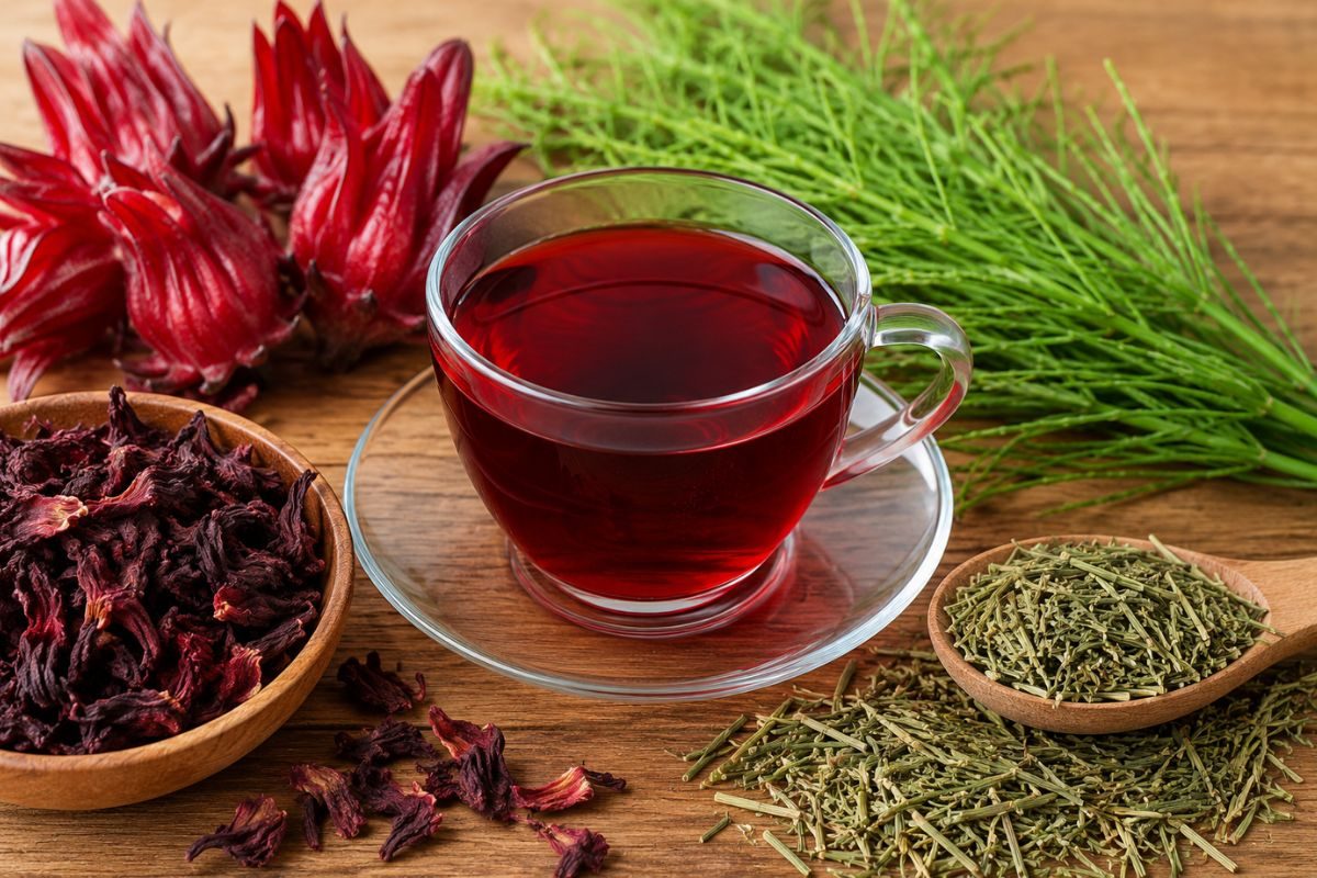 chá de hibisco com cavalinha.