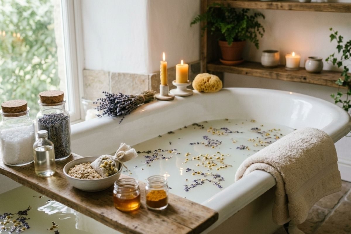 misturas caseiras para um banho relaxante.