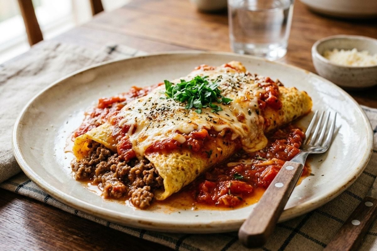 panqueca de carne moída com molho de tomate.