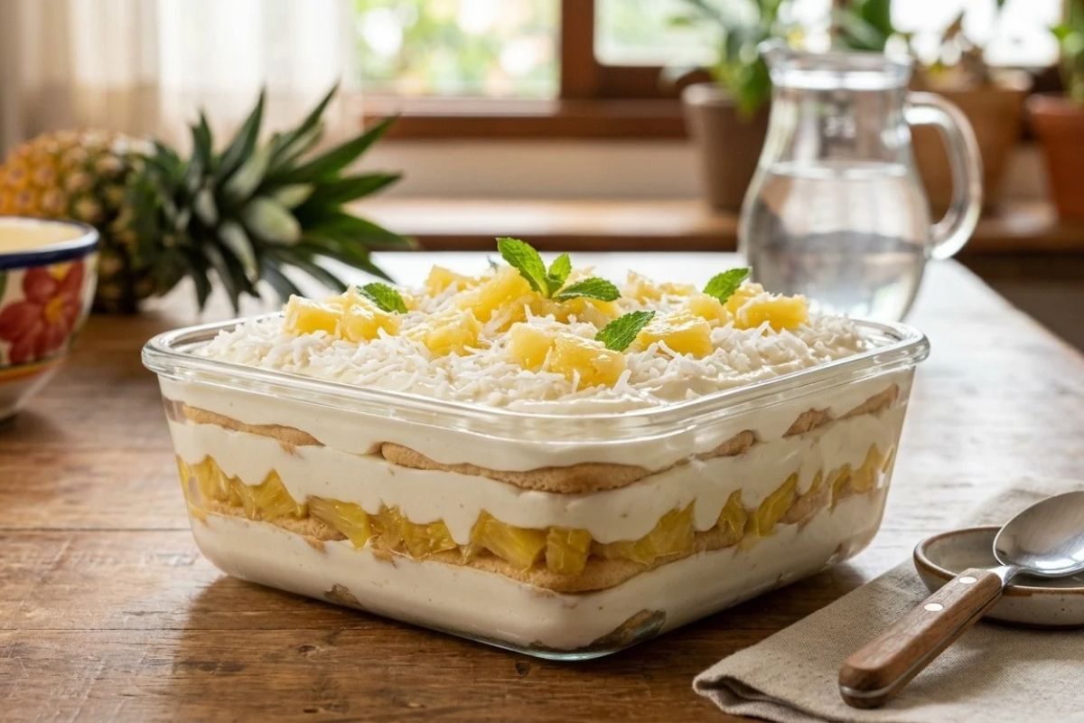 pavê de bolacha maizena de abacaxi com coco.