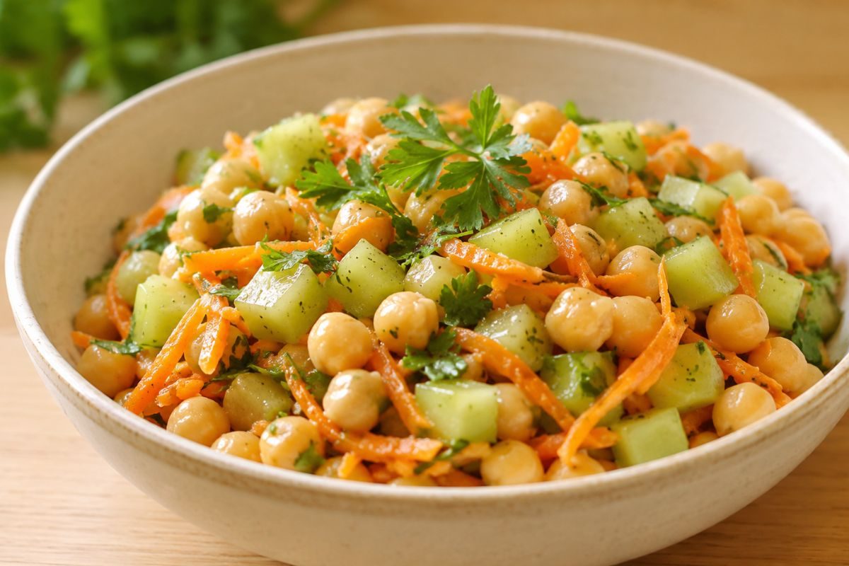 salada de grão-de-bico com chuchu e cenoura.