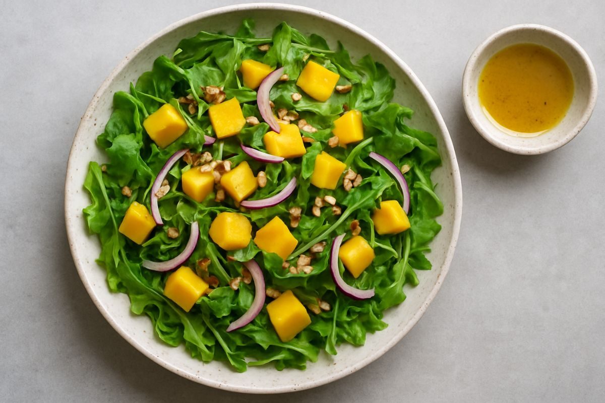 salada de rúcula com manga.